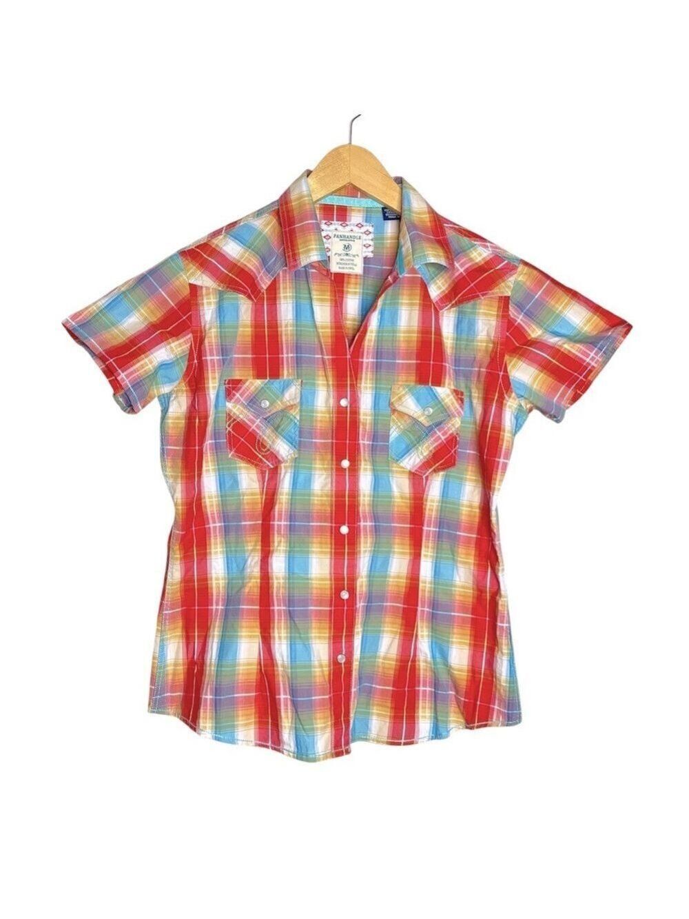 Panhandle Slim Short Sleeve Plaid Multi Colour Pearl Snap Button Western Shirt-M